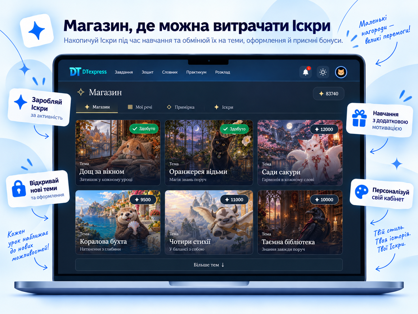 Магазин DTexpress: теми оформлення, колекція та покупки за Іскри.
